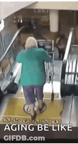 A Woman With A Walker Is Riding An Escalator . GIF