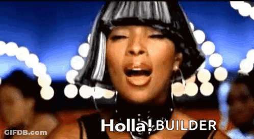 A Woman With A Wig On Her Head Is Singing A Song Called Holla Builder GIF