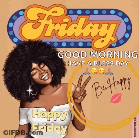 A Woman With An Afro Is Smiling And Giving A Peace Sign On A Friday Morning Greeting Card . GIF