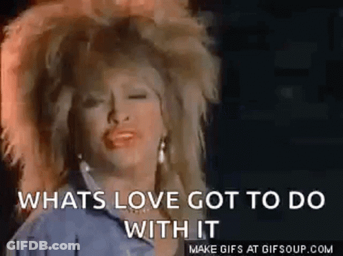 A Woman With Big Hair Is Singing A Song And Says `` Whats Love Got To Do With It '' . GIF