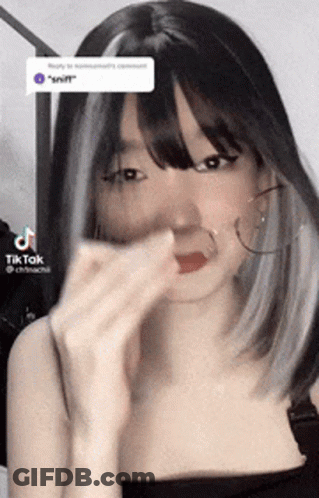 A Woman With Black Hair And Gray Highlights Is Wearing Hoop Earrings And A Black Top . GIF