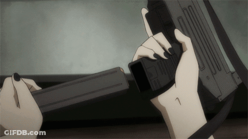 A Woman With Black Nails Is Holding A Gun With The Number 7 On Her Wrist GIF