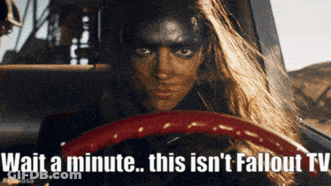 A Woman With Black Paint On Her Face Is Driving A Car With The Caption Wait A Minute This Isn T Fallout Tv GIF