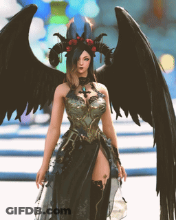 A Woman With Black Wings And A Crown Of Horns GIF