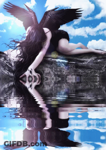 Woman With Black Wings Laying On Rock And Water Reflection GIF