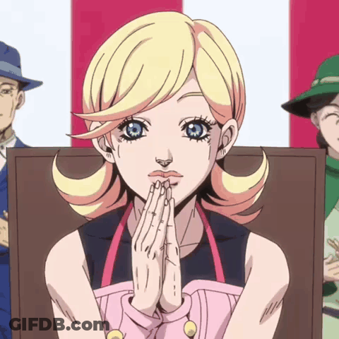 A Woman With Blonde Hair And Blue Eyes Is Praying With Her Hands Together GIF