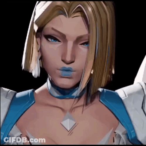 A Woman With Blonde Hair And Blue Lips Is Wearing A Blue Choker GIF