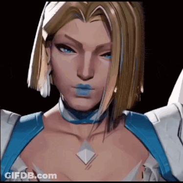 A Woman With Blonde Hair And Blue Lips Is Wearing A Choker GIF