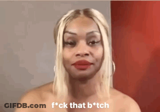 A Woman With Blonde Hair And Red Lips Is Making A Funny Face And Saying F * Ck That B * Tch . GIF