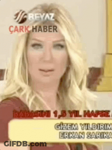 A Woman With Blonde Hair Is Holding A Sign That Says Gizem Yildirim GIF