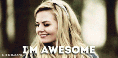 A Woman With Blonde Hair Is Smiling With The Words I 'M Awesome Below Her GIF