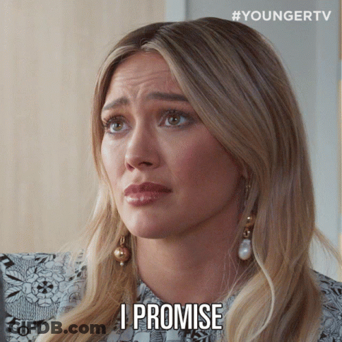 A Woman With Blonde Hair Says I Promise On Her Face GIF