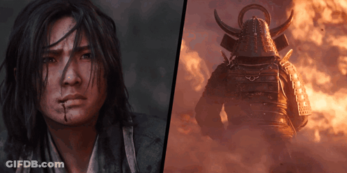 A Woman With Blood On Her Face Is Next To A Samurai With Horns GIF