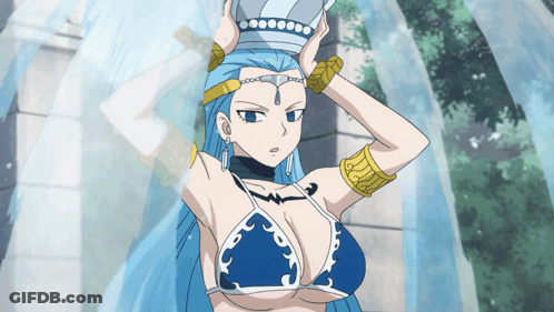 A Woman With Blue Hair And A Bikini Top Holds A Crown On Her Head GIF
