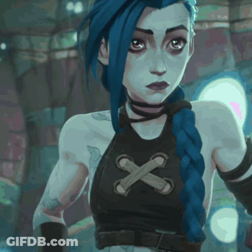 A Woman With Blue Hair And A Black Top With A Cross On The Front GIF