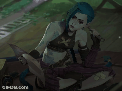 A Woman With Blue Hair And A Cross On Her Chest GIF