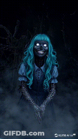 A Woman With Blue Hair And Black Face Is Standing In A Dark Room With Kling Ai 1.6 In The Corner GIF