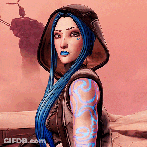 A Woman With Blue Hair And Blue Lipstick Is Wearing A Hooded Jacket GIF
