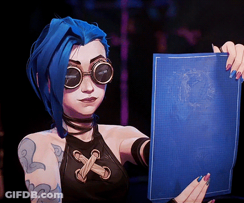 A Woman With Blue Hair And Goggles Is Holding A Blue Piece Of Paper GIF