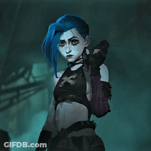 A Woman With Blue Hair Is Holding A Gun And Giving The Thumbs Up Sign GIF