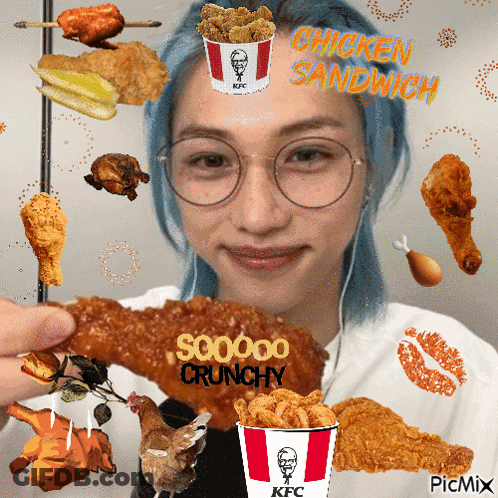 A Woman With Blue Hair Is Holding A Piece Of Fried Chicken And A Kfc Bucket GIF