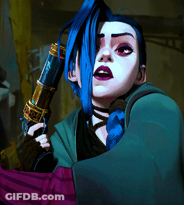 A Woman With Blue Hair Is Holding A Sword GIF