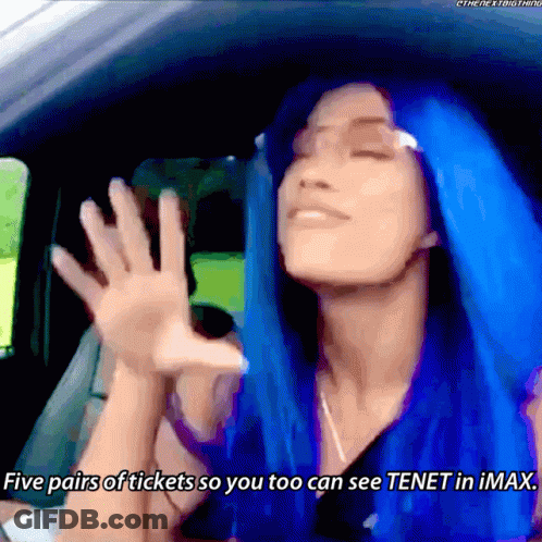 A Woman With Blue Hair Is In A Car And Says Five Pairs Of Tickets So You Too Can See Tenet In Imax GIF