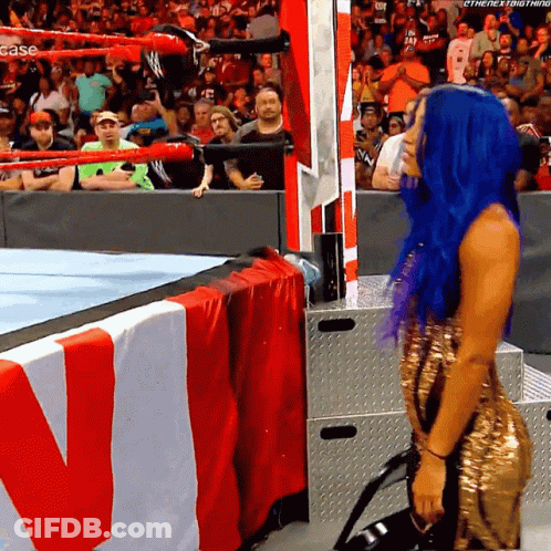 A Woman With Blue Hair Is Kneeling Down In Front Of A Wrestling Ring That Says Case On It GIF