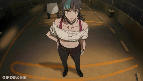 A Woman With Blue Hair Is Standing In A Parking Garage GIF