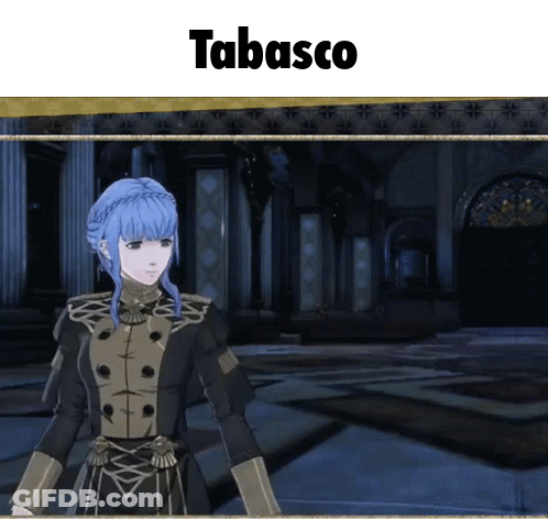 A Woman With Blue Hair Is Standing In Front Of A Sign That Says Tabasco On It GIF