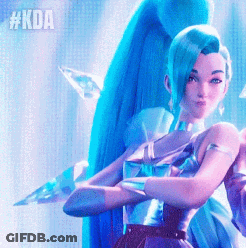 A Woman With Blue Hair Is Standing With Her Arms Crossed And #Kda Written On The Bottom GIF