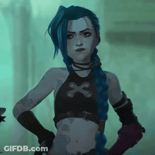 A Woman With Blue Hair Is Wearing A Black Crop Top With A Cross On It GIF