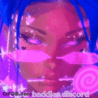 A Woman With Blue Hair Is Wearing A Pair Of Pink Glasses With A Lollipop In Front Of Her Face . GIF