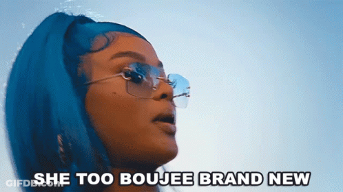 A Woman With Blue Hair Is Wearing Sunglasses And The Caption Says She Too Boujee Brand New GIF