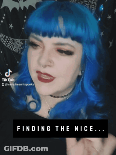 A Woman With Blue Hair Says " Finding The Nice " On The Bottom GIF