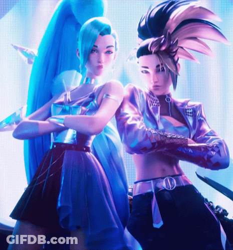 A Woman With Blue Hair Stands Next To A Man With Purple Hair GIF