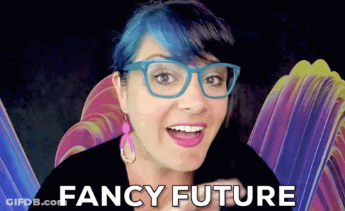 A Woman With Blue Hair Wearing Glasses And Pink Earrings Says Fancy Future GIF
