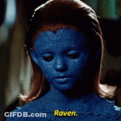 A Woman With Blue Paint On Her Face Says " Raven " In Yellow Letters GIF