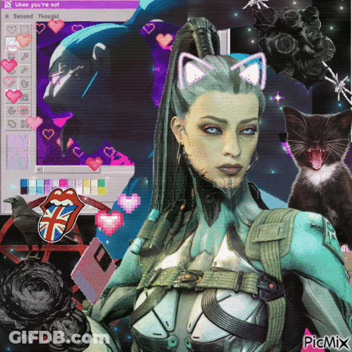 A Woman With Cat Ears Is Surrounded By A Cat And A Computer Screen That Says When You 'Re Not GIF