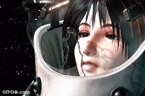 A Woman With Chains Around Her Neck Is Wearing A Space Suit GIF