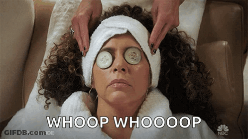 A Woman With Cucumber Slices On Her Eyes Is Laying On A Couch With The Caption Whoop Whooop GIF