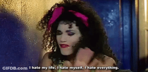 A Woman With Curly Hair And A Pink Headband Is Saying I Hate My Life I Hate Myself , I Hate Everything . GIF