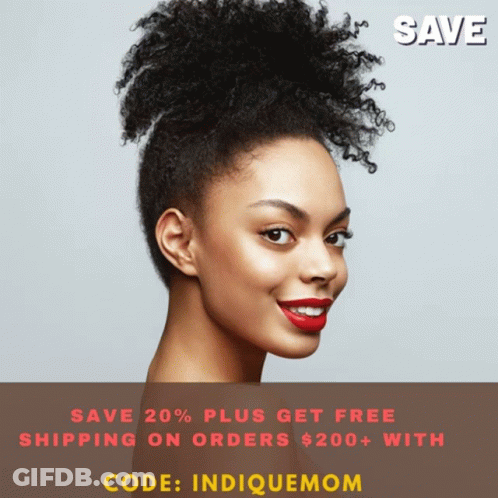 A Woman With Curly Hair And Red Lipstick Is Advertising A Save 20 % Plus Get Free Shipping On Orders Of $ 200 + GIF