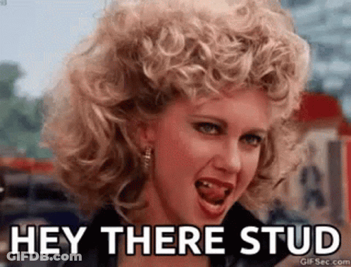 A Woman With Curly Hair Is Making A Funny Face And Saying Hey There Stud . GIF