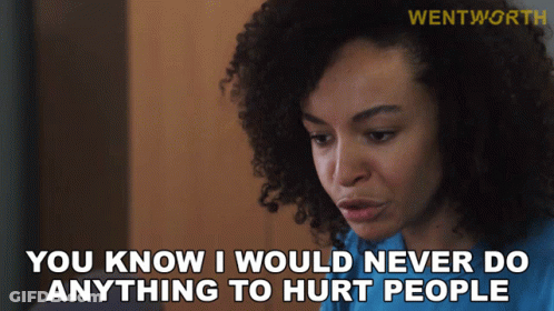 A Woman With Curly Hair Is Saying " You Know I Would Never Do Anything To Hurt People " GIF