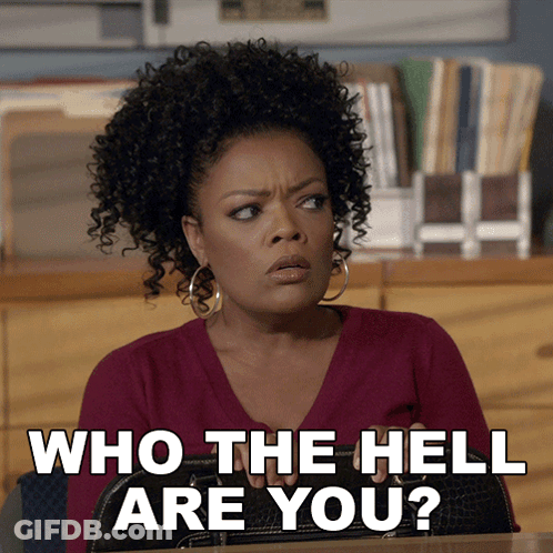 A Woman With Curly Hair Is Sitting At A Desk With The Words Who The Hell Are You Behind Her GIF