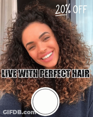 A Woman With Curly Hair Is Smiling With The Words " Live With Perfect Hair " Below Her GIF