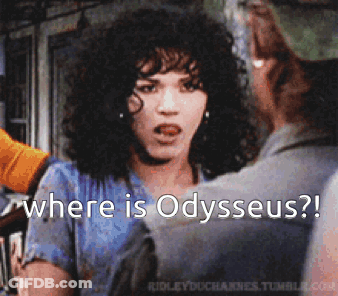 A Woman With Curly Hair Is Talking To A Man And The Caption Says Where Is Odysseus GIF