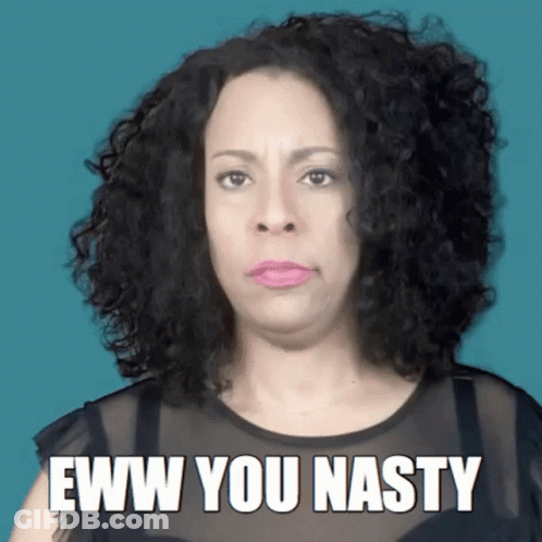 A Woman With Curly Hair Says Eww You Nasty In Front Of A Blue Background GIF