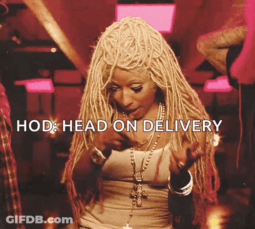 A Woman With Dreadlocks Is Dancing With The Words Hod Head On Delivery Above Her GIF
